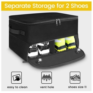 Large black golf shoe trunk organizer bag with double-layer storage for up to size 11 shoes