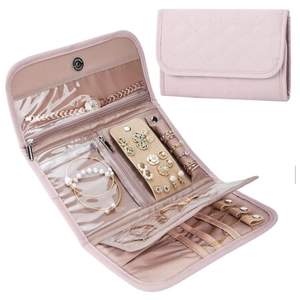 Quilted Polyester Jewelry Organizer Bag Portable Travel Folding Case For Rings Earrings Necklaces Watches Solid Color Pouch