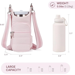Pink quilted nylon water bottle bag with adjustable strap and front pocket storage