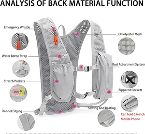 Detail view of lightweight grey running vest with 3D mesh fabric and safety whistle
