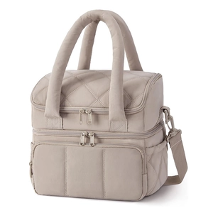Quilted double layer insulated lunch bag in beige grey with adjustable shoulder strap