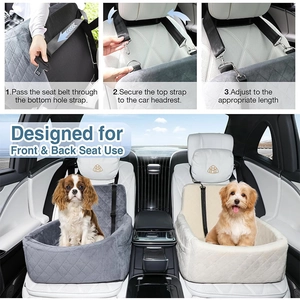 Detail showing the installation steps and pet car seat used on the vehicle rear seat