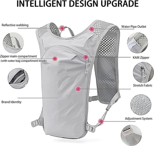 Detail view of hydration vest with water pipe outlet and reflective safety webbing