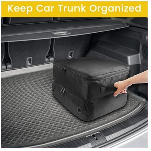 Detailed view of the dual-layer car trunk organizer with a side handle and zipper closure