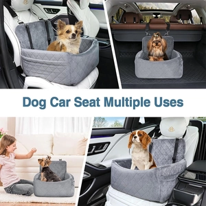 Multi-use grey dog car seat with quilted fabric and safety straps for all car rows