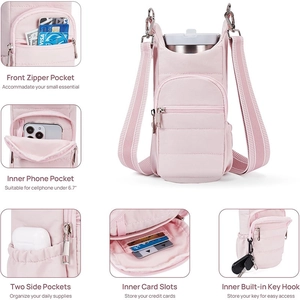 Pink quilted water bottle cross body bag with functional pockets and adjustable strap