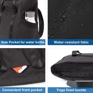 Black waterproof tote bag featuring side pockets and dedicated yoga mat attachment straps