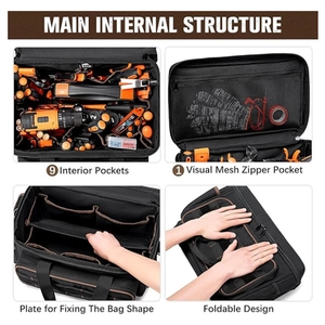 Heavy duty waterproof tool storage bag with multiple internal pockets and orange trim details