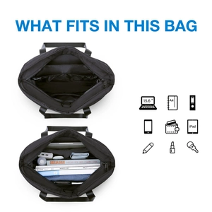 Large black shoulder bag for yoga and travel showing internal compartments for 15.6 inch laptop