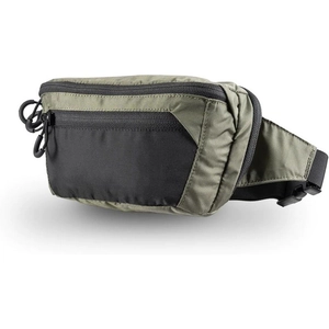 Detail view of durable olive green tactical waist bag with heavy-duty dual zippers