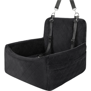 Detail of black quilted velvet car pet booster seat with adjustable safety straps and hooks