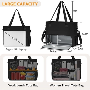 Large black insulated lunch tote bag for women with separate bottom compartment for shoes