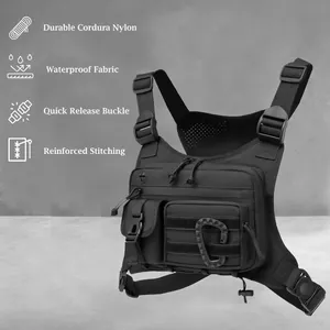 Black Cordura nylon tactical chest bag with multi-pocket structure and adjustable straps