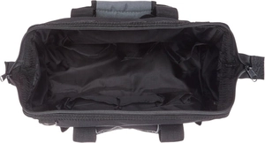 Top view of large oxford cloth tool bag with multiple interior compartments and padded handle