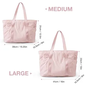 Pink travel tote bag size chart with dimensions for medium and large yoga mat carrier