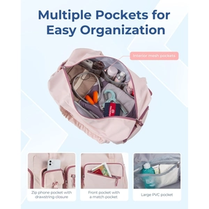 Detail view of pink travel bag showing waterproof PVC compartment and storage pockets