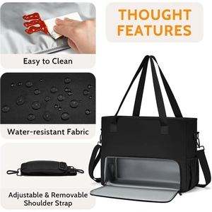 Insulated black lunch tote bag with waterproof fabric and bottom compartment