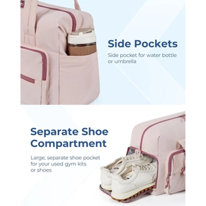 Pink travel duffel bag featuring side pockets for cups and a separate shoe compartment