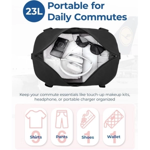 Black 23L multifunctional travel bag with large opening and 23L storage capacity