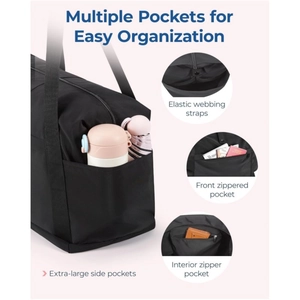 Large black nylon travel bag with multiple pockets for water bottle and umbrella storage