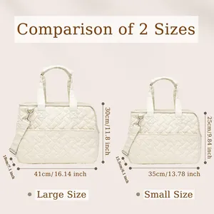 Quilted pet carrier tote bag in cream white showing small and large size dimensions