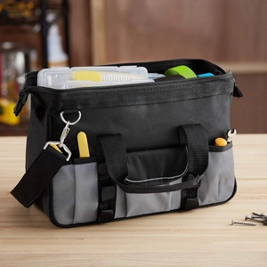 Macro view of multi-pocket oxford cloth tool bag with reinforced handle and heavy-duty zipper