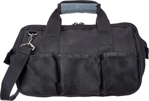 Black Oxford cloth tool bag with front mesh pockets and comfortable padded handles