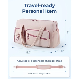 Pink travel duffel bag with adjustable strap measuring 19.7 x 11 x 8 inches