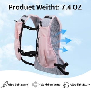 Detail of pink running hydration vest showing triple airflow vents and 7.4 oz ultra-light weight