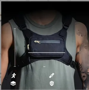 Detail view of tactical chest bag showing dimensions 21.5cm by 20cm with neoprene padding