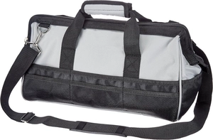 Close-up of durable Oxford cloth tool bag featuring padded handle and mesh pockets