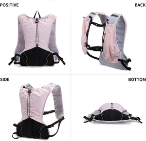 Four-angle view of pink and black lightweight running hydration vest with mesh fabric