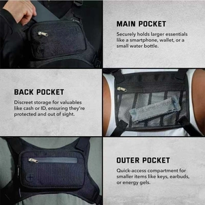 Tactical chest bag detail showing waterproof nylon layers and functional storage pockets