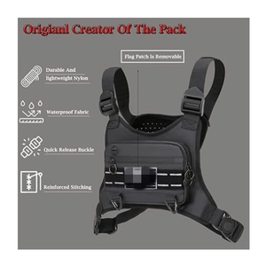 Black tactical chest bag with adjustable H-shaped harness and durable nylon fabric