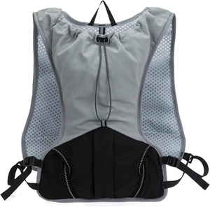 Detail of grey running vest with breathable mesh and adjustable buckle system