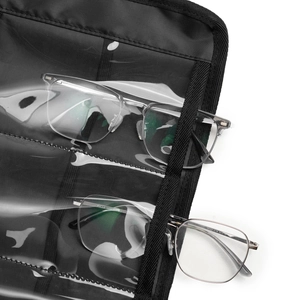 Detail view of durable nylon hanging sunglass organizer with clear PVC display slots
