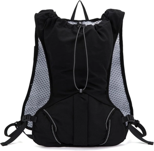 Detail view of the breathable mesh back and adjustable straps on the black running vest