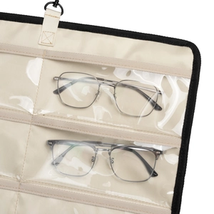 Detail view of hanging sunglasses organizer with clear PVC pockets and metal frame glasses