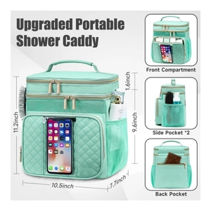 Mint green quilted hanging toiletry bag with waterproof multi-pocket storage and top handle