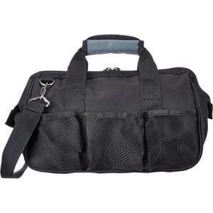 Black Oxford cloth large capacity tool bag with 3 mesh pockets and padded handle