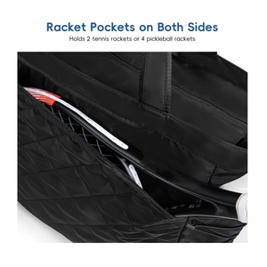 Close-up of quilted sports bag showing dedicated side pocket for two tennis rackets