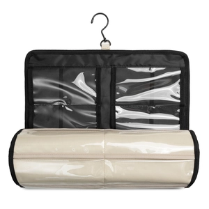 Detail of wall-mounted hanging sunglasses organizer with clear PVC pockets and metal hook