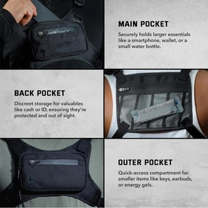 Black waterproof tactical chest bag with multiple pockets for fitness and outdoor running