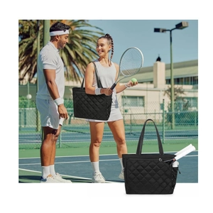 Detail of black quilted tennis tote bag with racket compartment and side mesh pocket