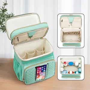 Large mint green hanging toiletry bag with waterproof quilted fabric and three-layer storage