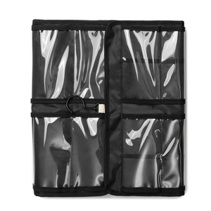 Folded black hanging sunglasses organizer with transparent PVC pockets and metal hook