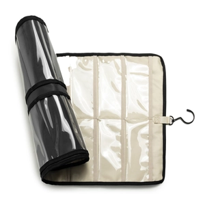Detail showing the roll-up design and transparent PVC slots of the sunglasses organizer