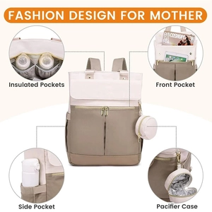 Fashionable beige and brown diaper backpack with insulated pockets and pacifier pouch