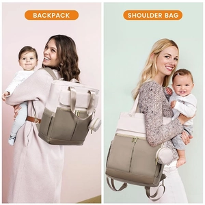 Versatile pink and brown diaper backpack shown in backpack and shoulder bag styles