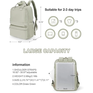 Grass green travel backpack 15.7 inch with 13 inch laptop sleeve and adjustable straps